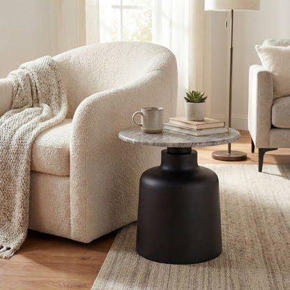 Luxury Oura Round Grey Top Black Metal Legs Side Lamp Table