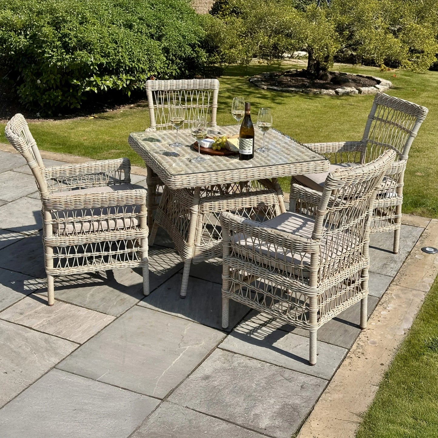 Luxury Provence Outdoor Rattan Dining Set 4 Seater With Glass Top Table And Weather Resistant Cushions