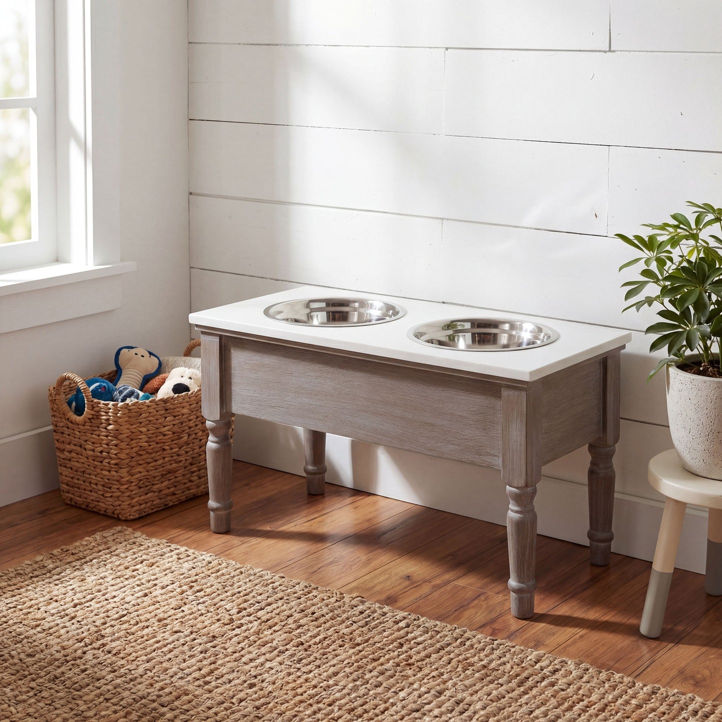 Luxury Serene Grey Wood Pet Feeder Table