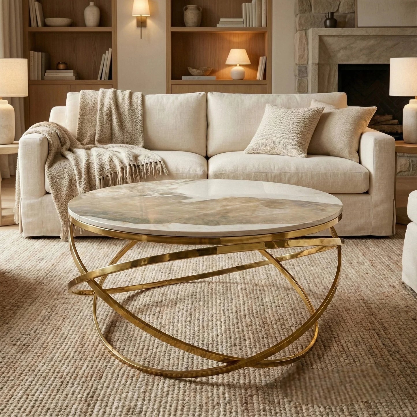 Luxury Stig 80cm Gold Round Coffee Table With Cream Sintered Stone Top