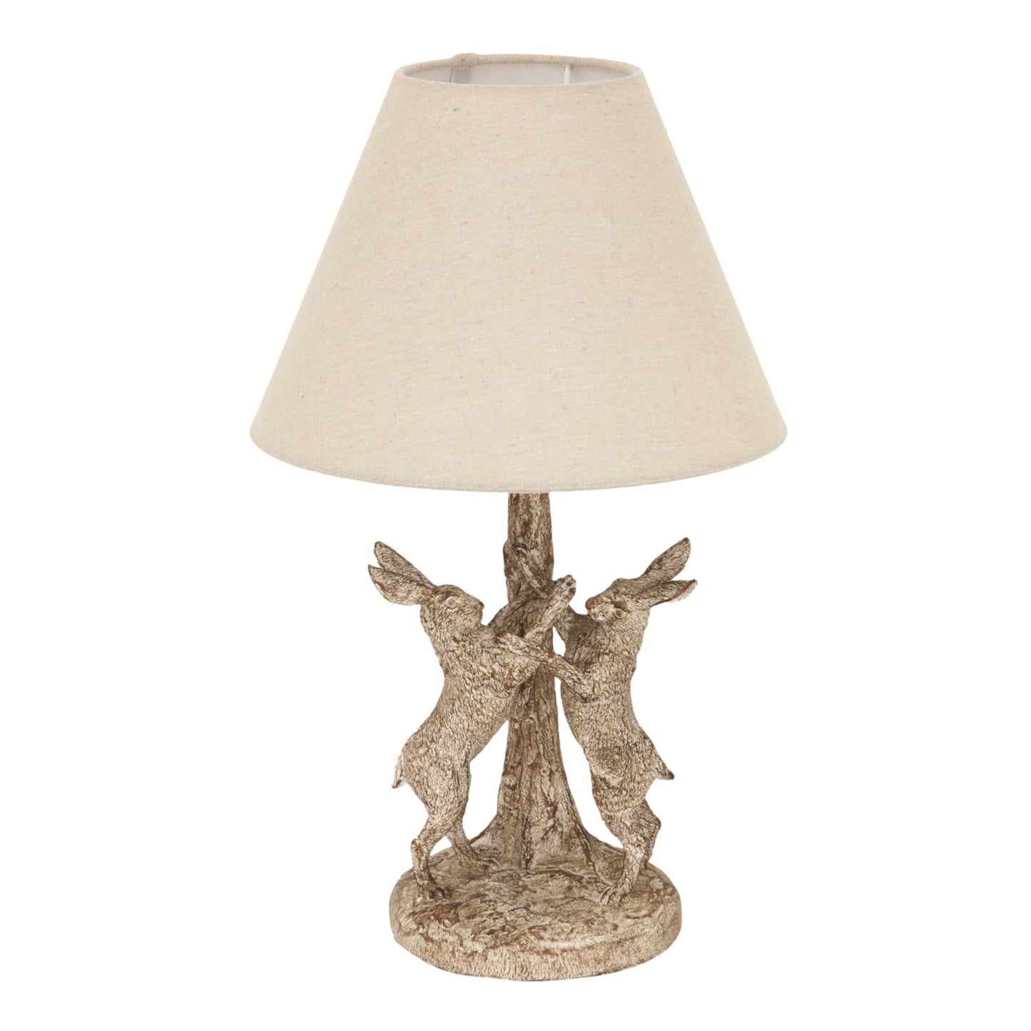 Luxury Stonewashed Marching Hares Lamp In Brown Resin With Linen Shade
