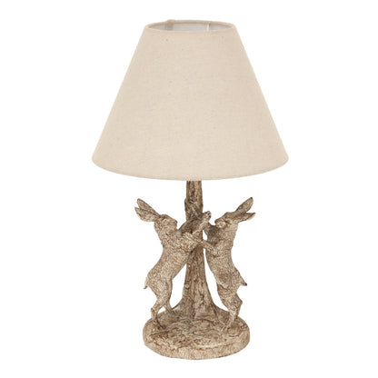 Luxury Stonewashed Marching Hares Lamp In Brown Resin With Linen Shade