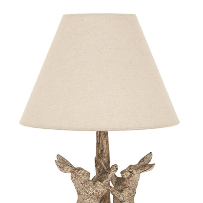 Luxury Stonewashed Marching Hares Lamp In Brown Resin With Linen Shade