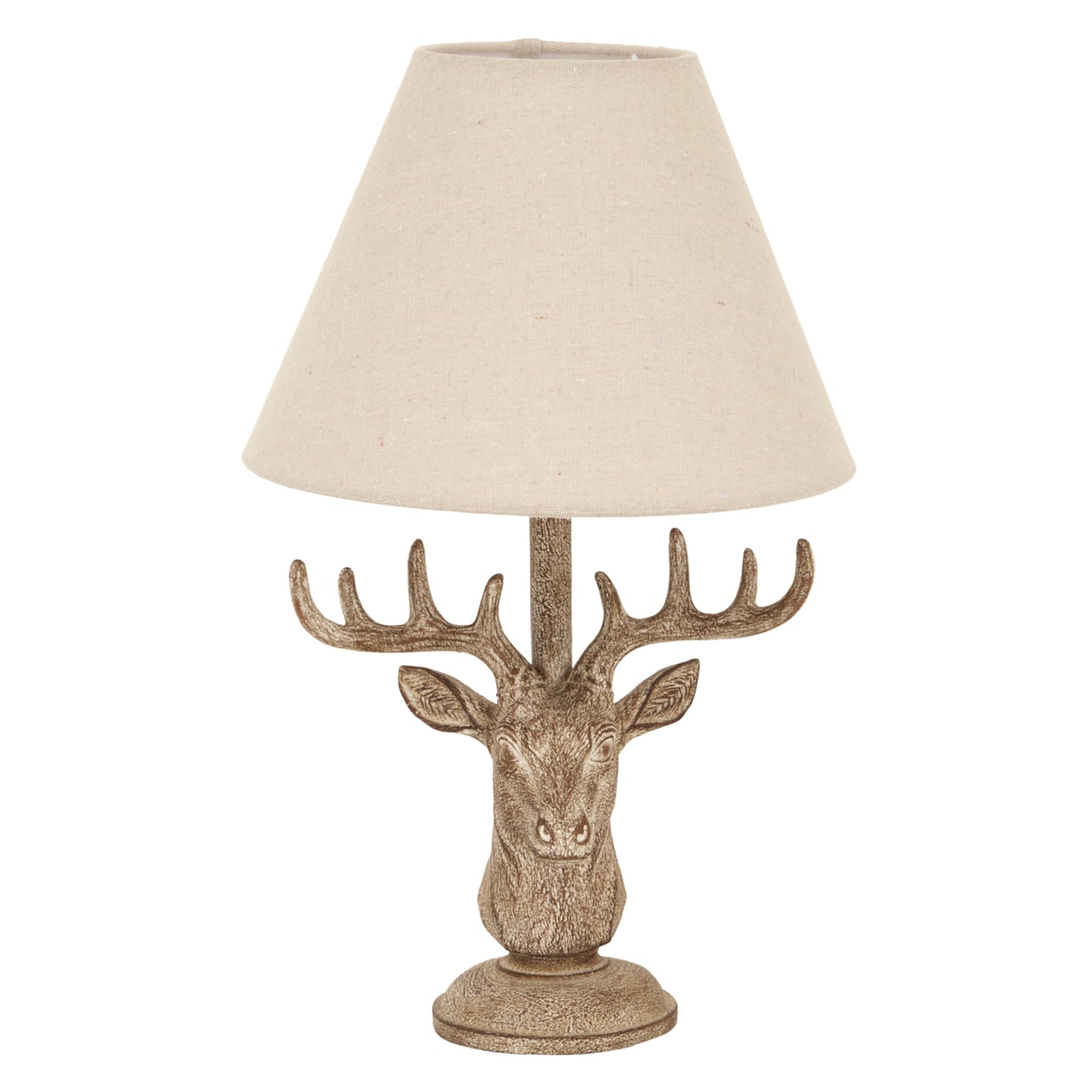 Luxury Stonewashed Stag Head Brown Resin Table Lamp With Linen Shade