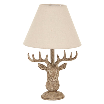 Luxury Stonewashed Stag Head Brown Resin Table Lamp With Linen Shade