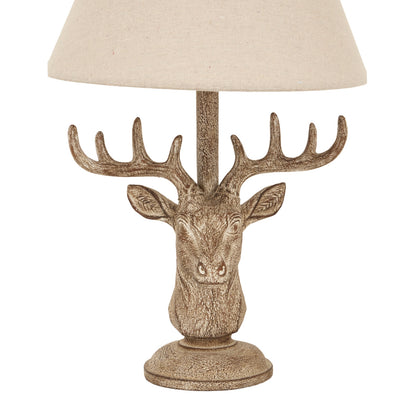 Luxury Stonewashed Stag Head Brown Resin Table Lamp With Linen Shade