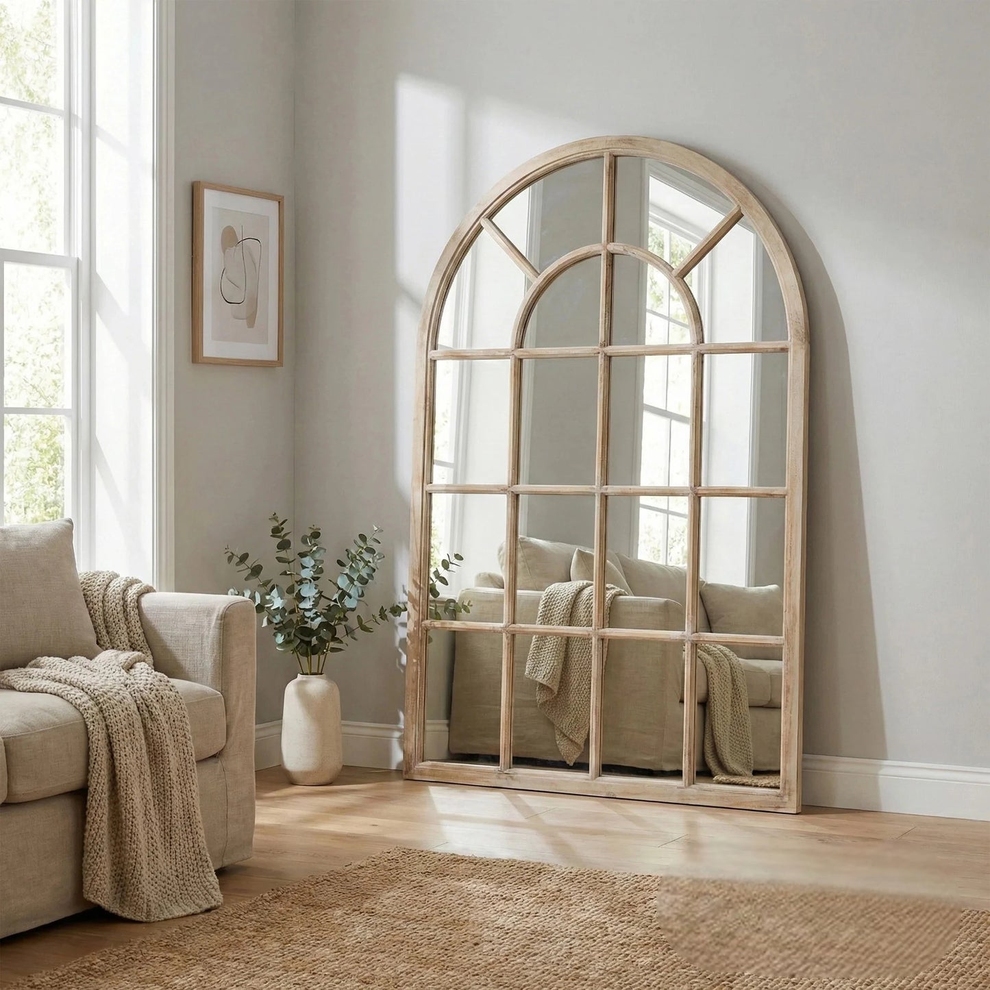 Luxury Torin 135cm Rustic Washed Wood Arched Window Wall Mirror