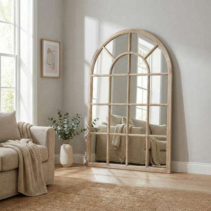 Luxury Torin 135cm Rustic Washed Wood Arched Window Wall Mirror