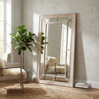 Luxury Torin 150cm Medium Washed Wood Architectural Window Wall Mirror