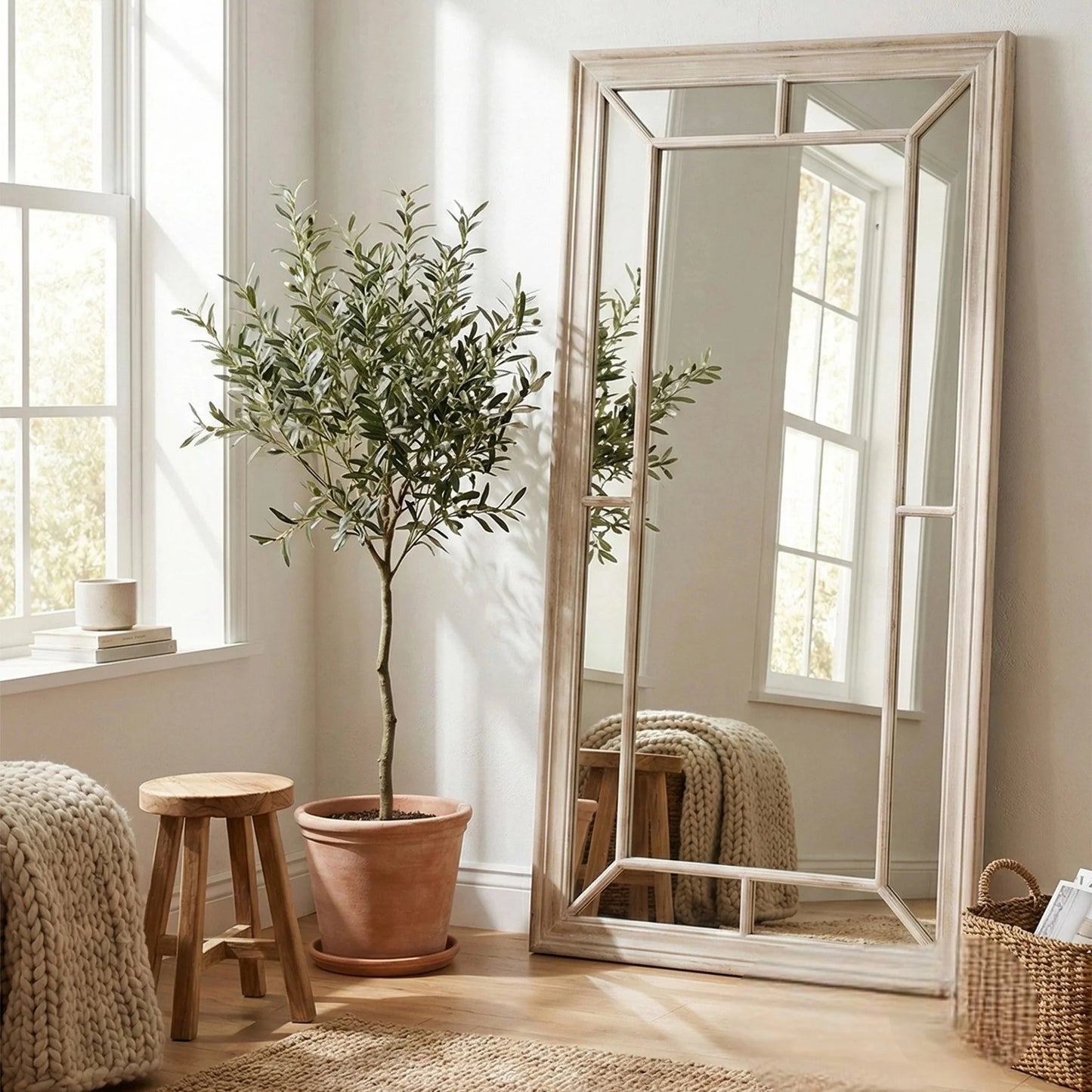 Luxury Torin 200cm Large Washed Wood Architectural Window Wall Mirror