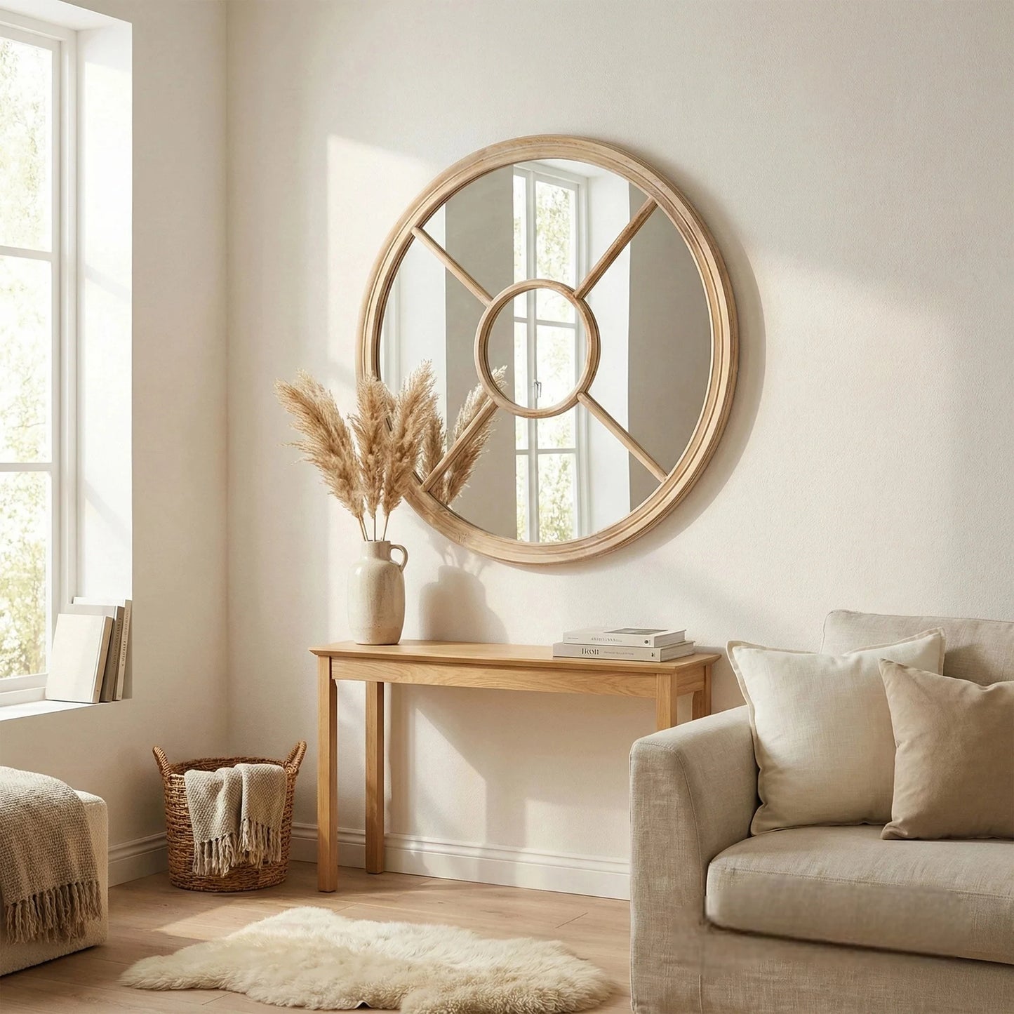 Luxury Torin 100cm Round Washed Wood Architectural Window Wall Mirror