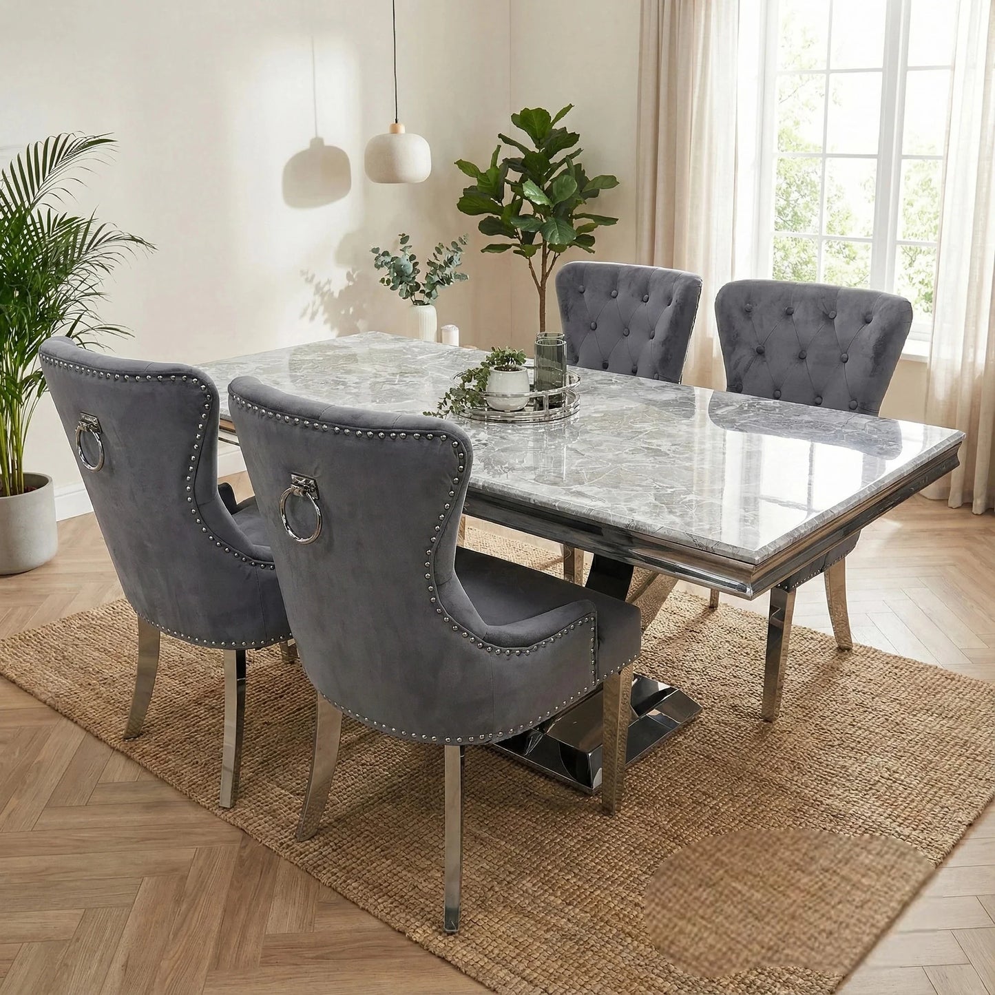Luxury Urban 1.8m Light Grey Chrome U Base Marble Dining Set With Megan Dark Grey Velvet Chairs