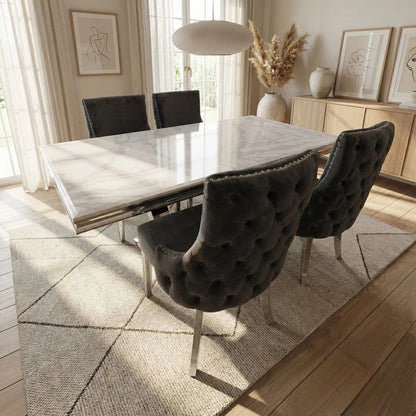Luxury Urban 1.8m White Marble Dining Set Chrome U-Base Table With Oskar Dark Grey Velvet Chairs