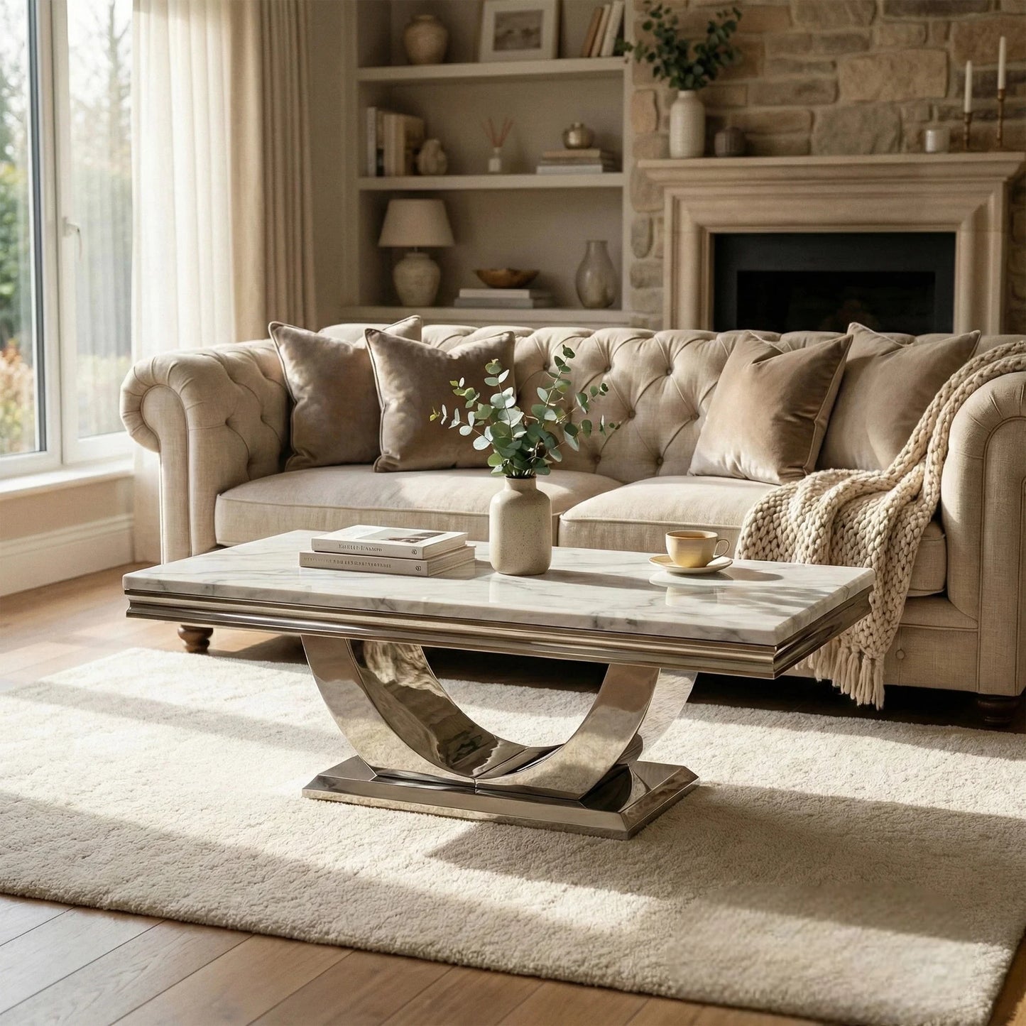 Luxury Urban 130cm Chrome Coffee Table With White Marble Top And U Stand Design