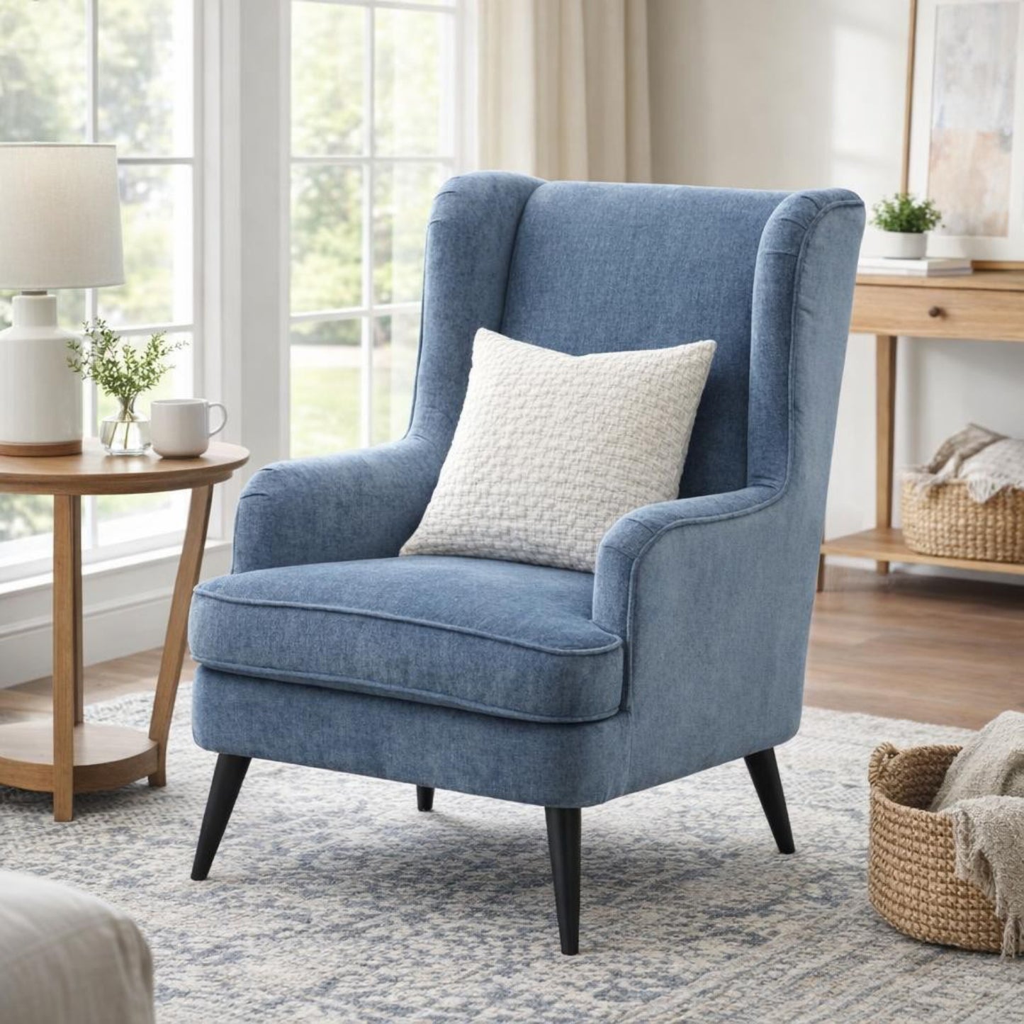 Luxury Vellis Wingback Armchair In Blue Fabric