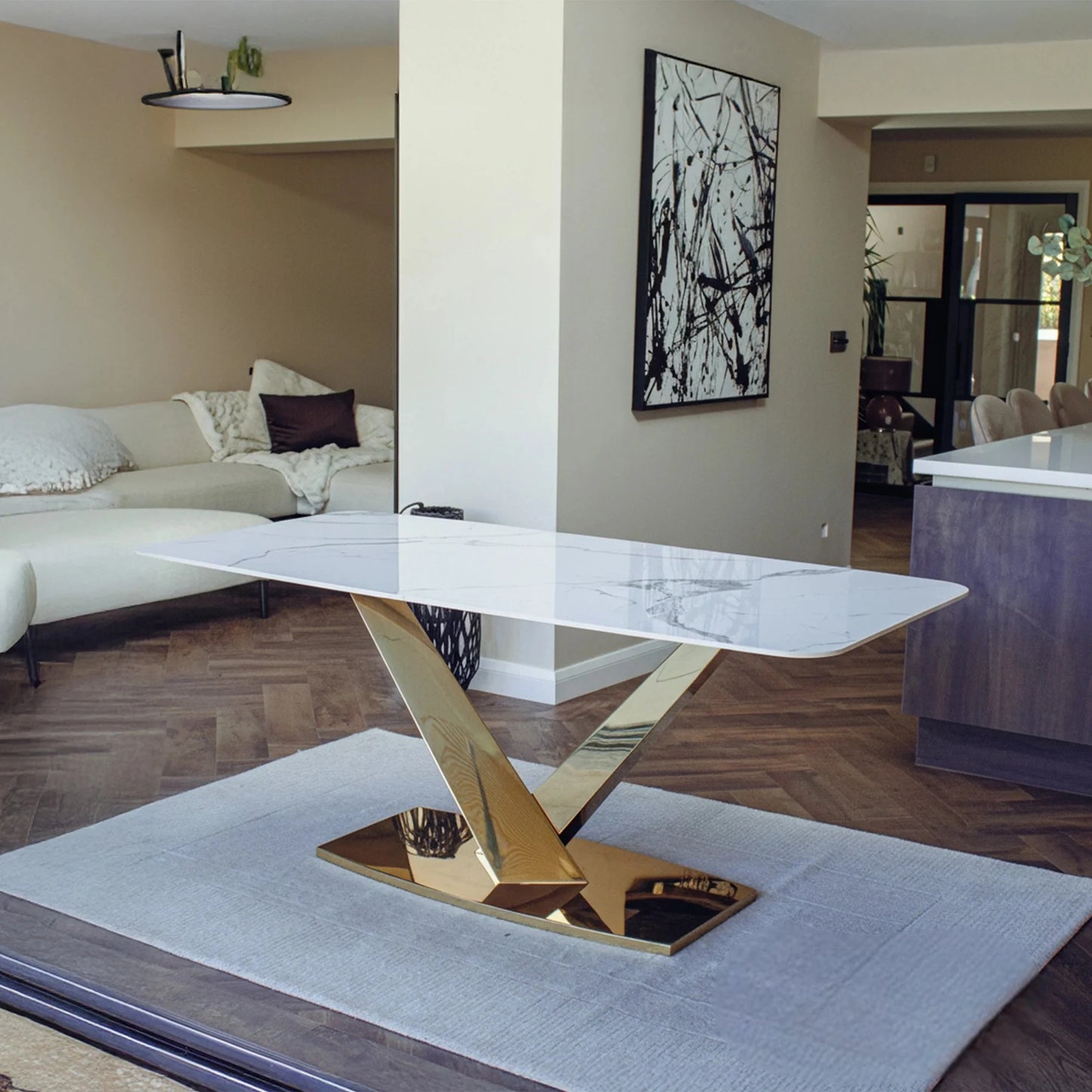 Luxury Vittoria 180cm Slimline Sintered Stone Dining Table With V-Shaped Pedestal Base