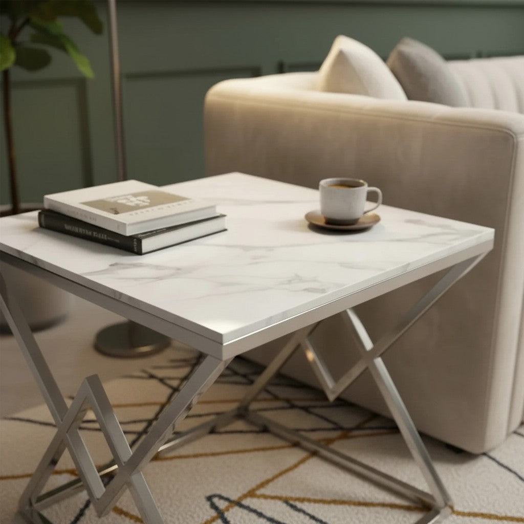 Luxury Airi Modern Chrome Side End Lamp Table With 55x55cm Ash Grey Sintered Stone Top