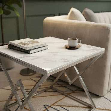 Luxury Airi Modern Chrome Side End Lamp Table With 55x55cm Ash Grey Sintered Stone Top