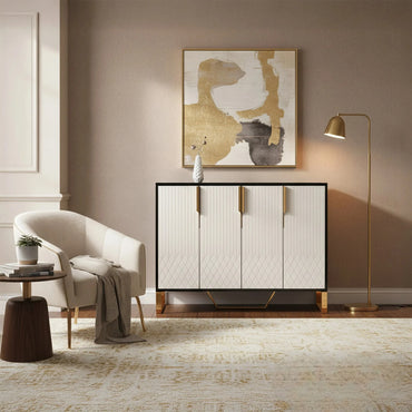 Luxury Alvar 120cm 4 Door Ribbed Sideboard Cabinet With Black Glass Top