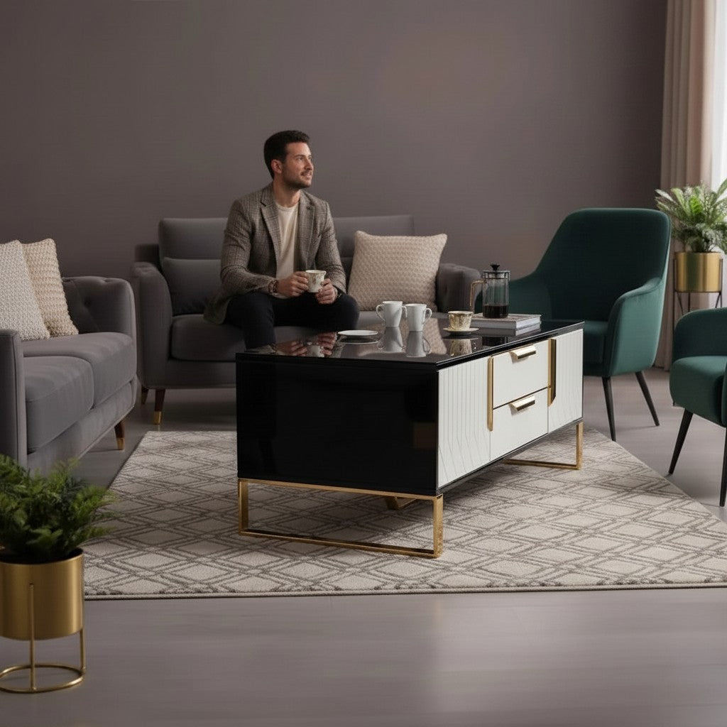 Luxury Alvar 130cm Gold Ribbed Coffee Table With Black Glass Top and Drawers