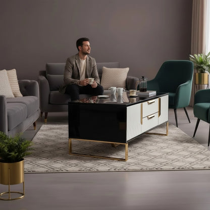 Luxury Alvar 130cm Gold Ribbed Coffee Table With Black Glass Top and Drawers