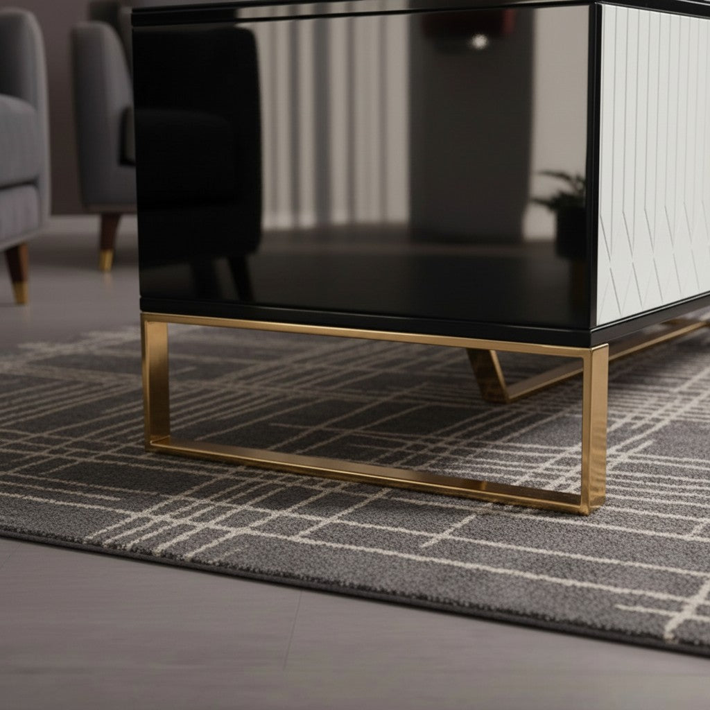 Luxury Alvar 130cm Gold Ribbed Coffee Table With Black Glass Top and Drawers