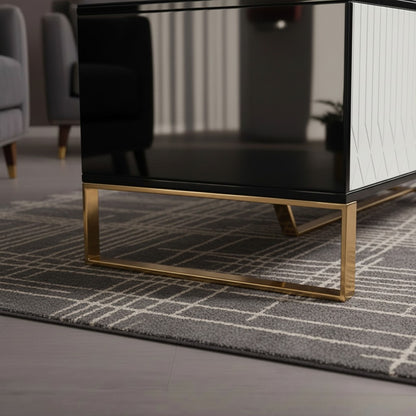 Luxury Alvar 130cm Gold Ribbed Coffee Table With Black Glass Top and Drawers