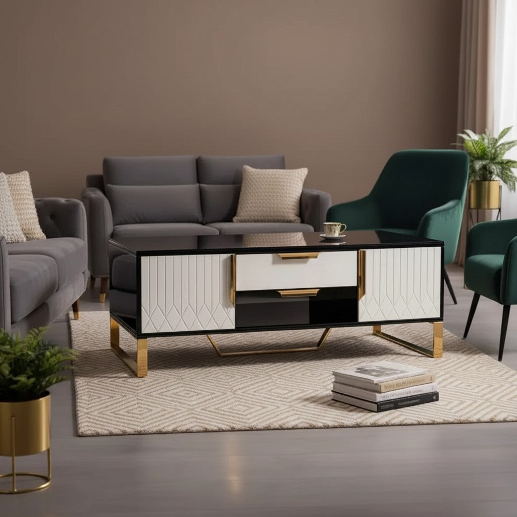 Luxury Alvar 130cm Gold Ribbed Coffee Table With Black Glass Top and Drawers