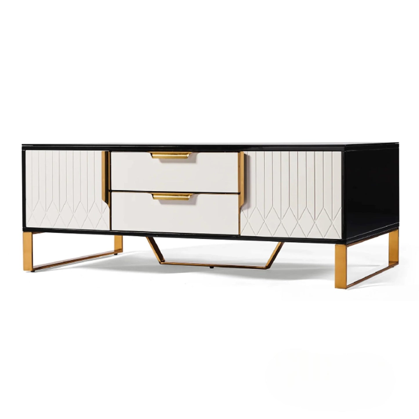 Luxury Alvar 130cm Gold Ribbed Coffee Table With Black Glass Top and Drawers