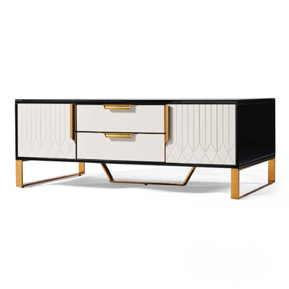 Luxury Alvar 130cm Gold Ribbed Coffee Table With Black Glass Top and Drawers