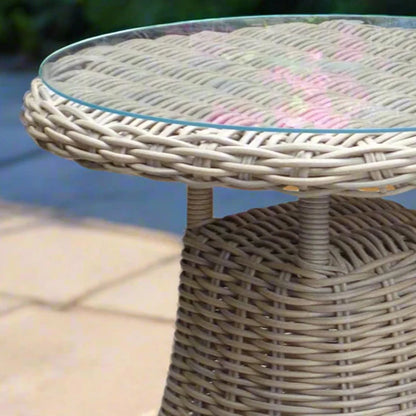 Luxury Amalfi 70cm Outdoor Bistro Table In Beige Rattan Effect Base With Glass Top