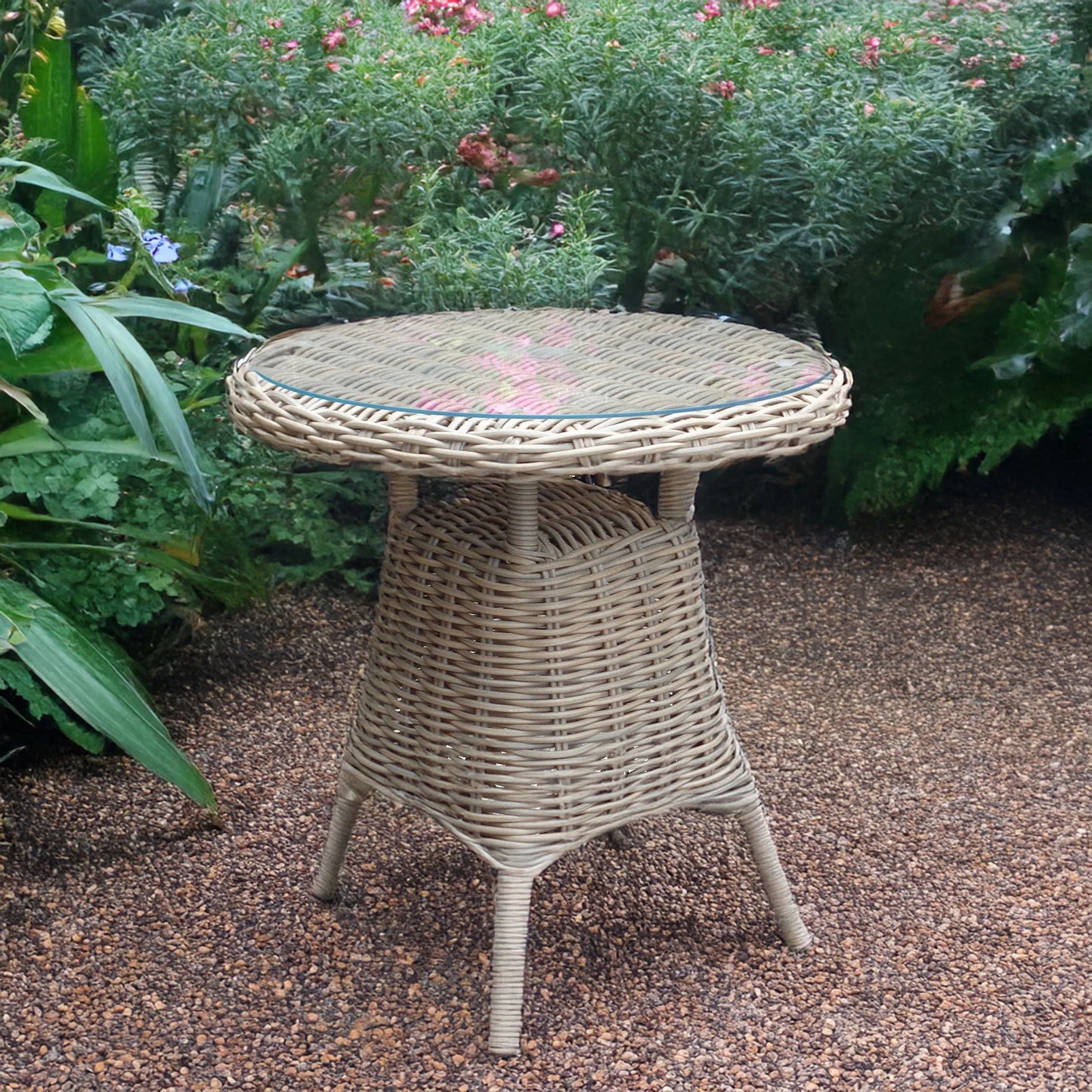 Luxury Amalfi 70cm Outdoor Bistro Table In Beige Rattan Effect Base With Glass Top
