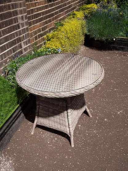 Luxury Amalfi 70cm Outdoor Bistro Table In Beige Rattan Effect Base With Glass Top
