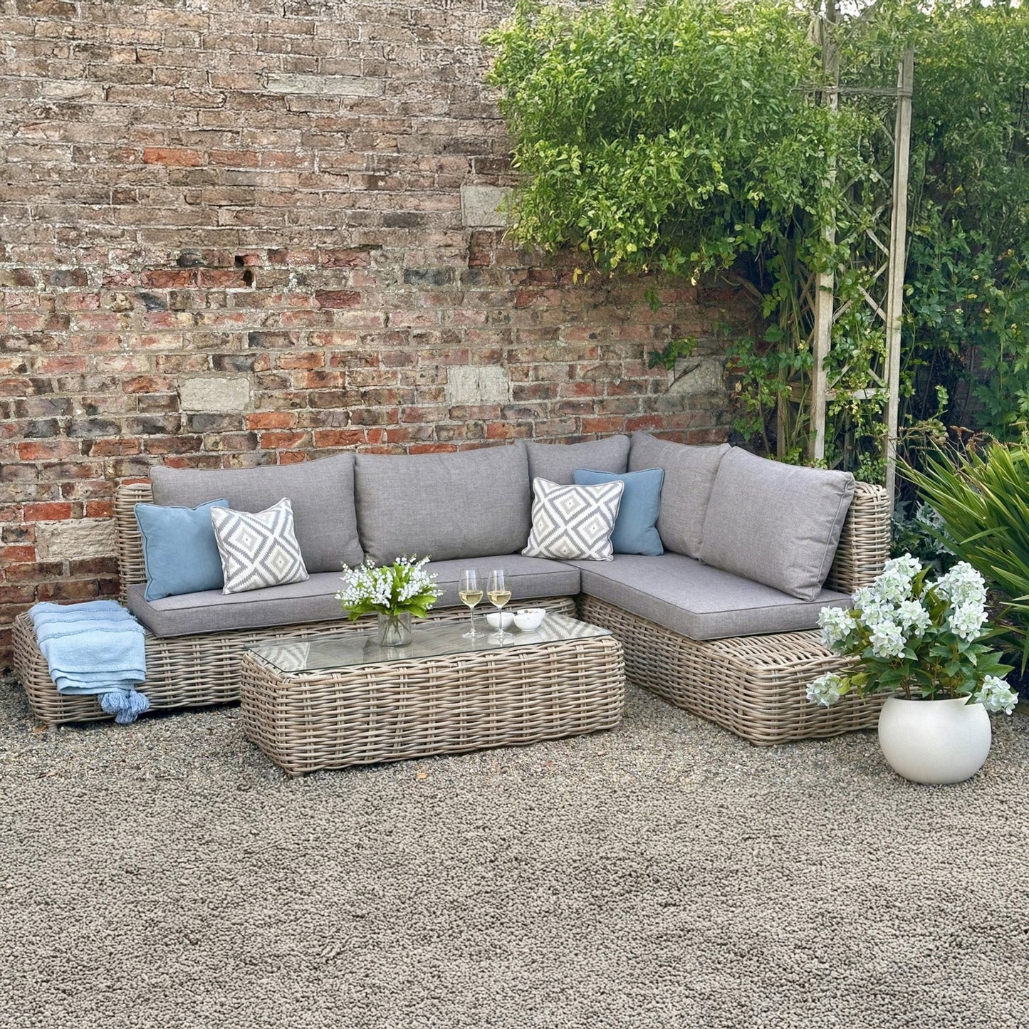 Luxury Amalfi Outdoor Large Corner Sofa Set In Beige Rattan Effect With Glass Coffee Table