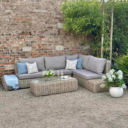 Luxury Amalfi Outdoor Large Corner Sofa Set In Beige Rattan Effect With Glass Coffee Table