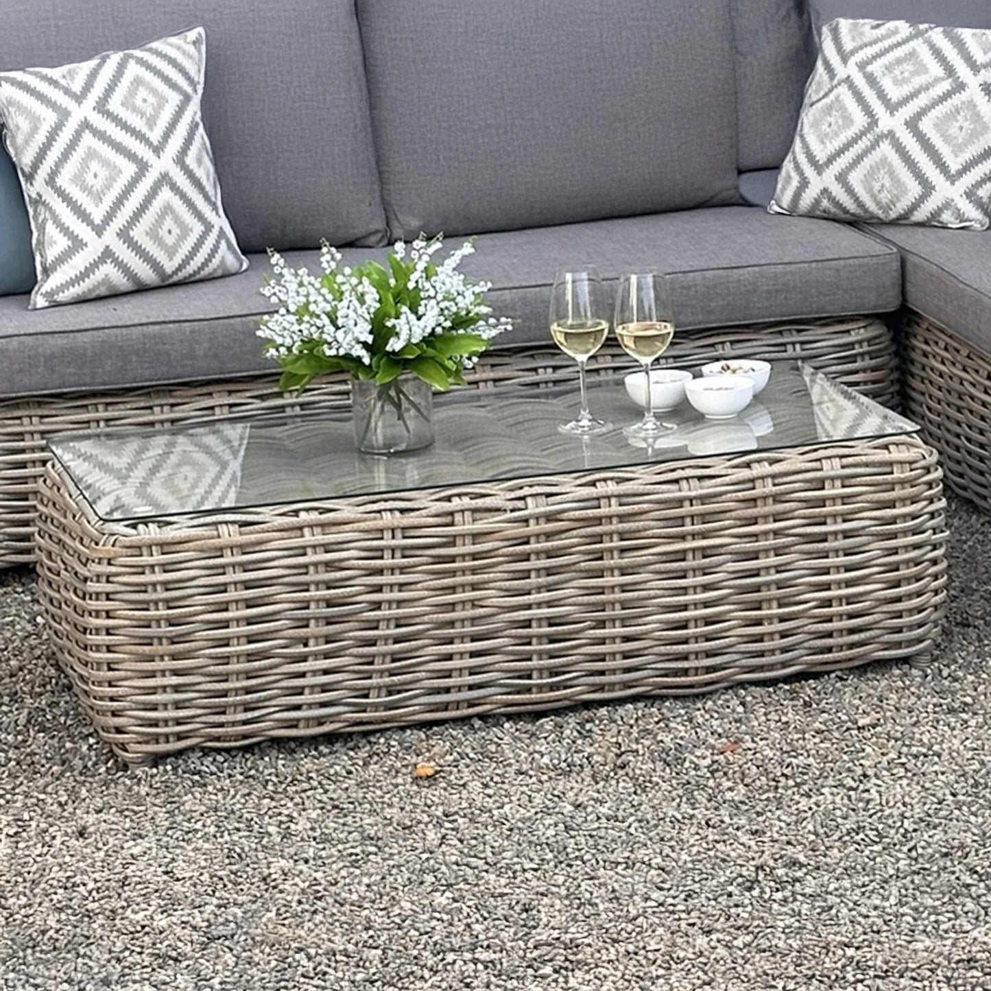 Luxury Amalfi Outdoor Large Corner Sofa Set In Beige Rattan Effect With Glass Coffee Table