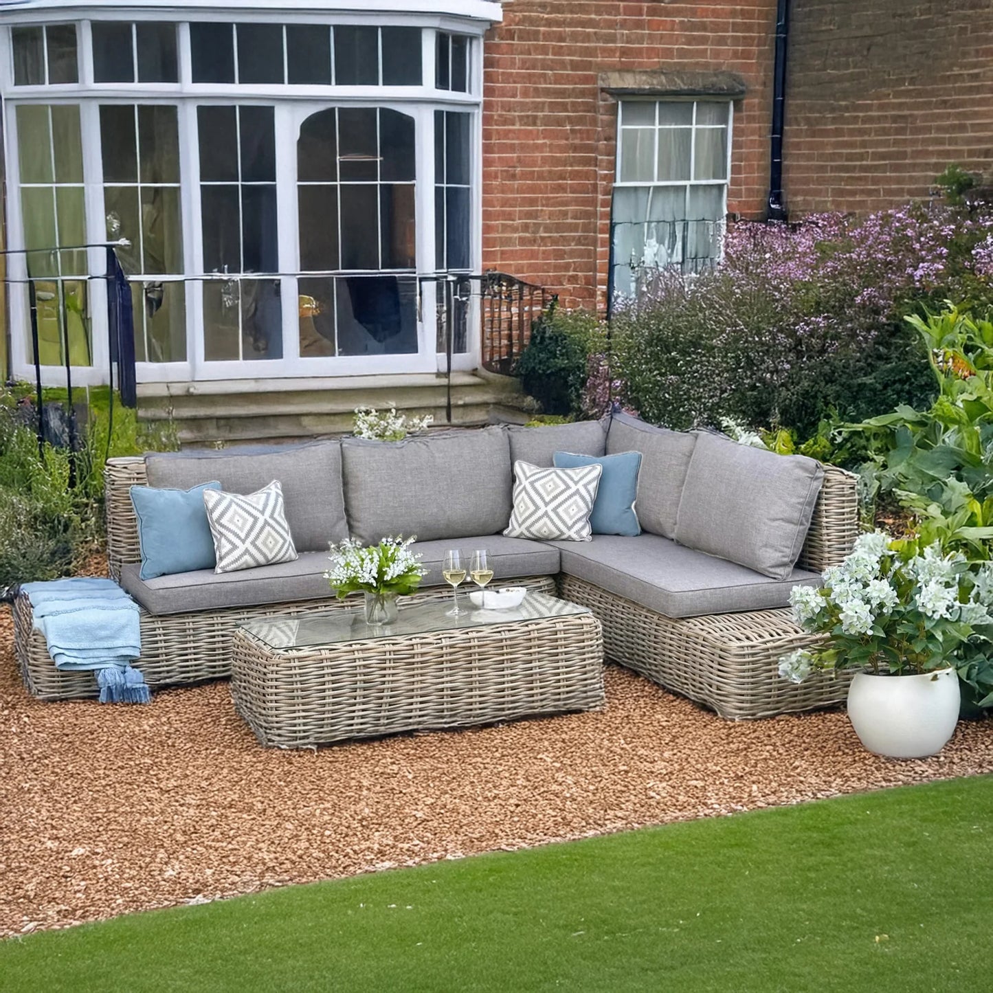 Luxury Amalfi Outdoor Large Corner Sofa Set In Beige Rattan Effect With Glass Coffee Table