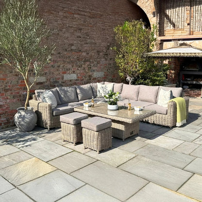 Luxury Amalfi Outdoor Modular Corner Sofa Set In Beige Wicker With Riser Dining Table And Stools