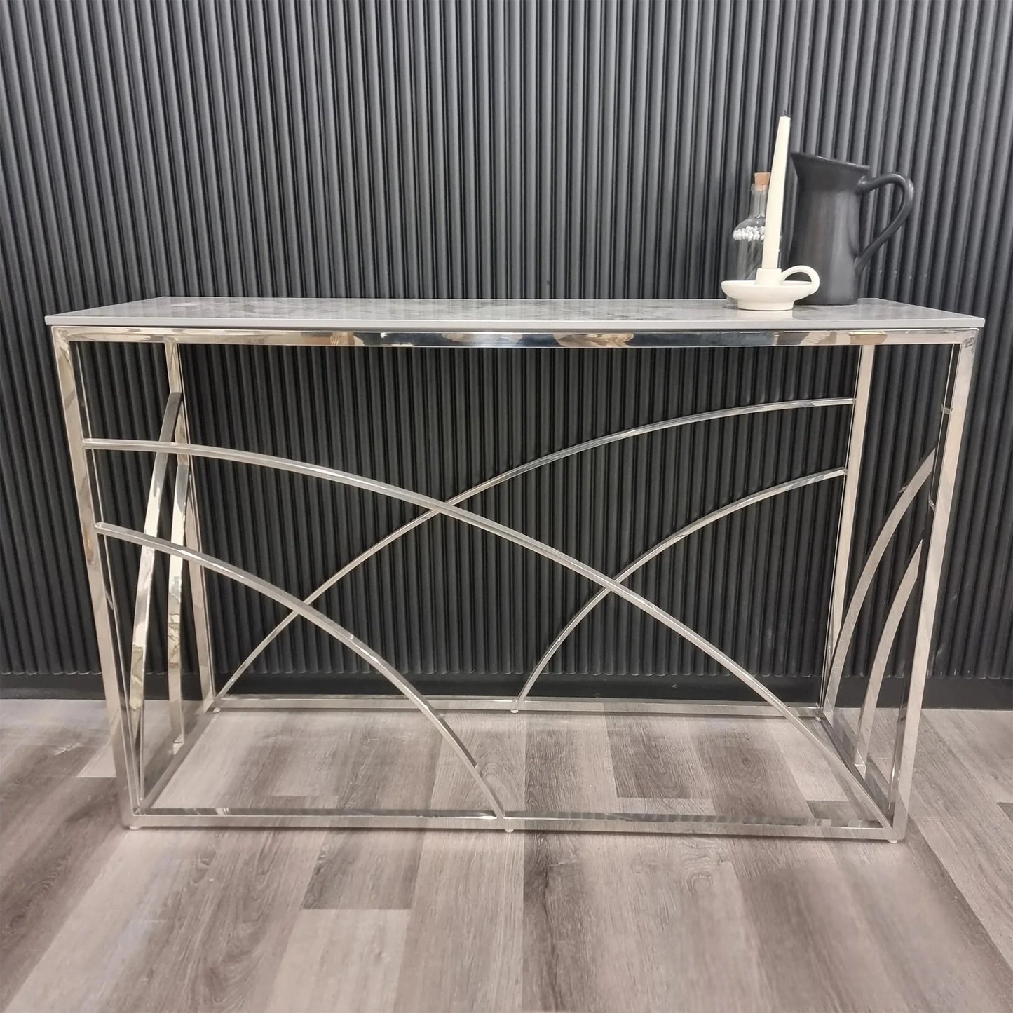 Luxury Arisa Modern Design Chrome Console Table With 120x40cm Stomach Ash Grey Stone Top