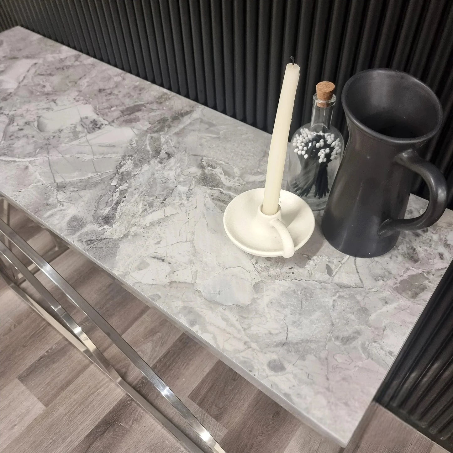 Luxury Arisa Modern Design Chrome Console Table With 120x40cm Stomach Ash Grey Stone Top