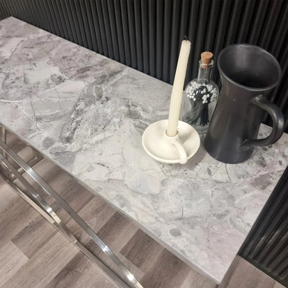 Luxury Arisa Modern Design Chrome Console Table With 120x40cm Stomach Ash Grey Stone Top