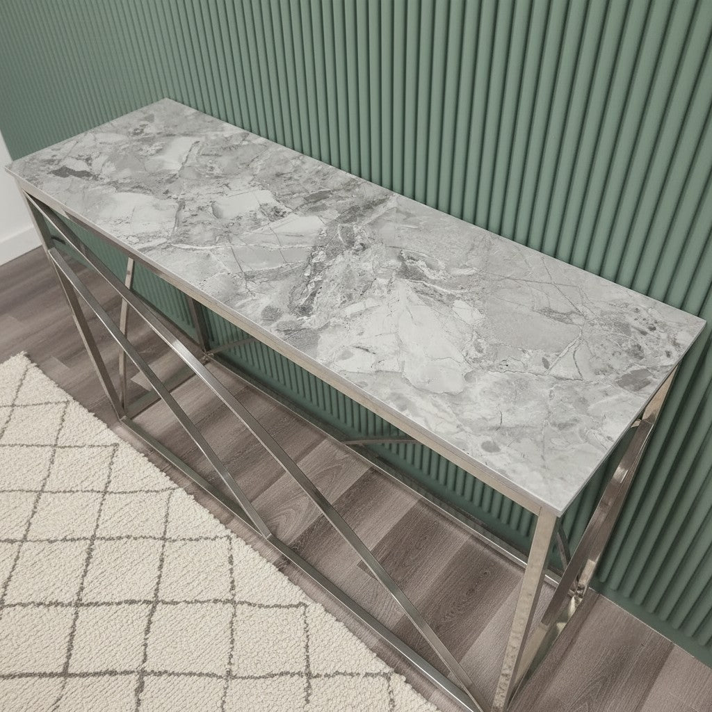 Luxury Arisa Modern Design Chrome Console Table With 120x40cm Stomach Ash Grey Stone Top