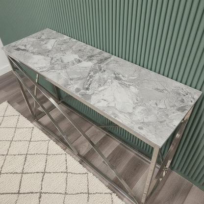 Luxury Arisa Modern Design Chrome Console Table With 120x40cm Stomach Ash Grey Stone Top