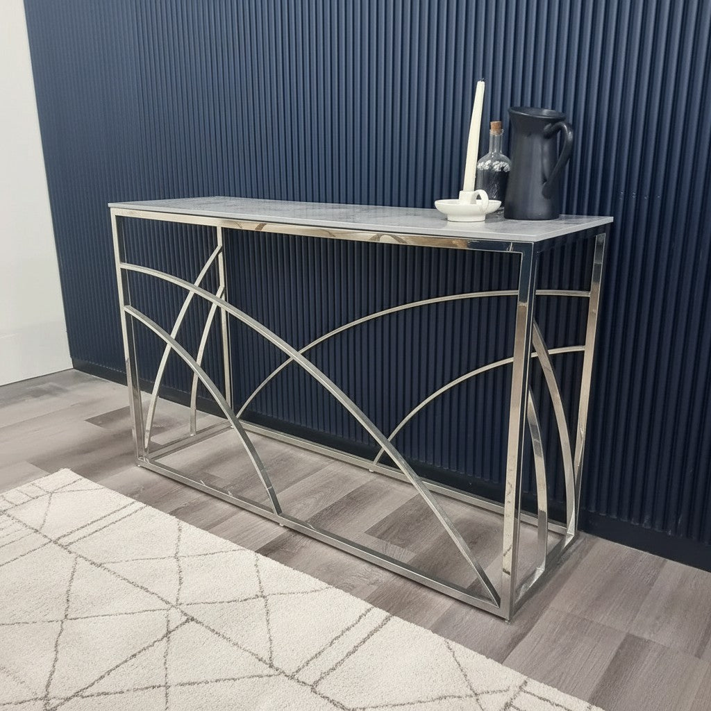 Luxury Arisa Modern Design Chrome Console Table With 120x40cm Stomach Ash Grey Stone Top