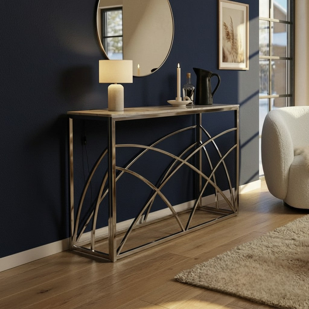 Luxury Arisa Modern Design Chrome Console Table With 120x40cm Stomach Ash Grey Stone Top