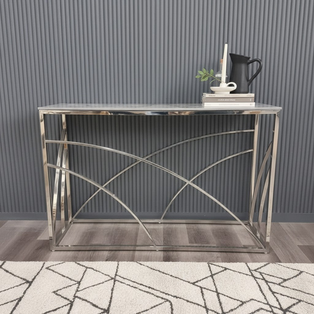 Luxury Arisa Modern Design Chrome Console Table With 120x40cm Stomach Ash Grey Stone Top