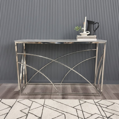 Luxury Arisa Modern Design Chrome Console Table With 120x40cm Stomach Ash Grey Stone Top