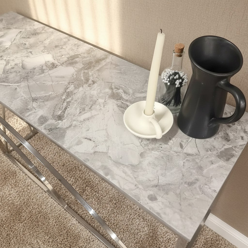 Luxury Arisa Modern Design Chrome Console Table With 120x40cm Stomach Ash Grey Stone Top