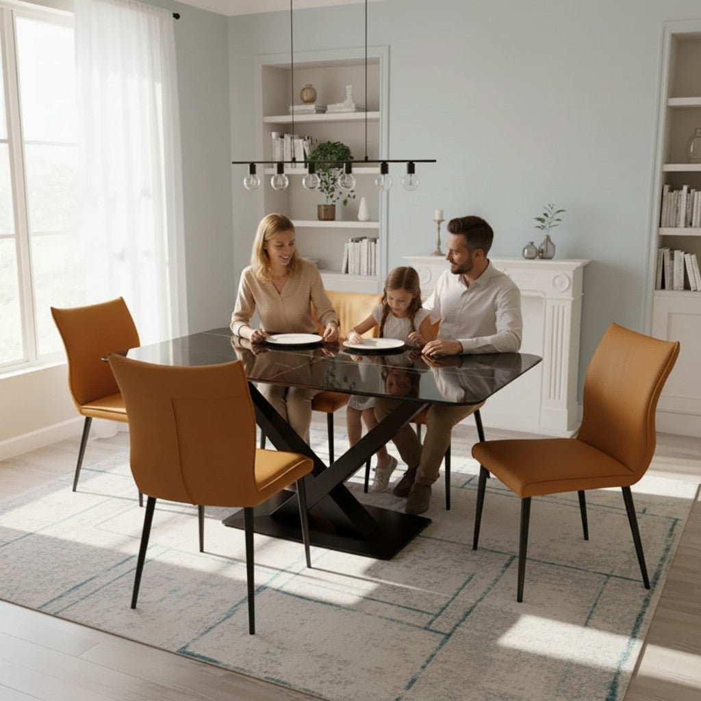 Luxury Arvid 1.6m Black Sintered Stone Dining Set Table With Tan Folke Leather Chairs