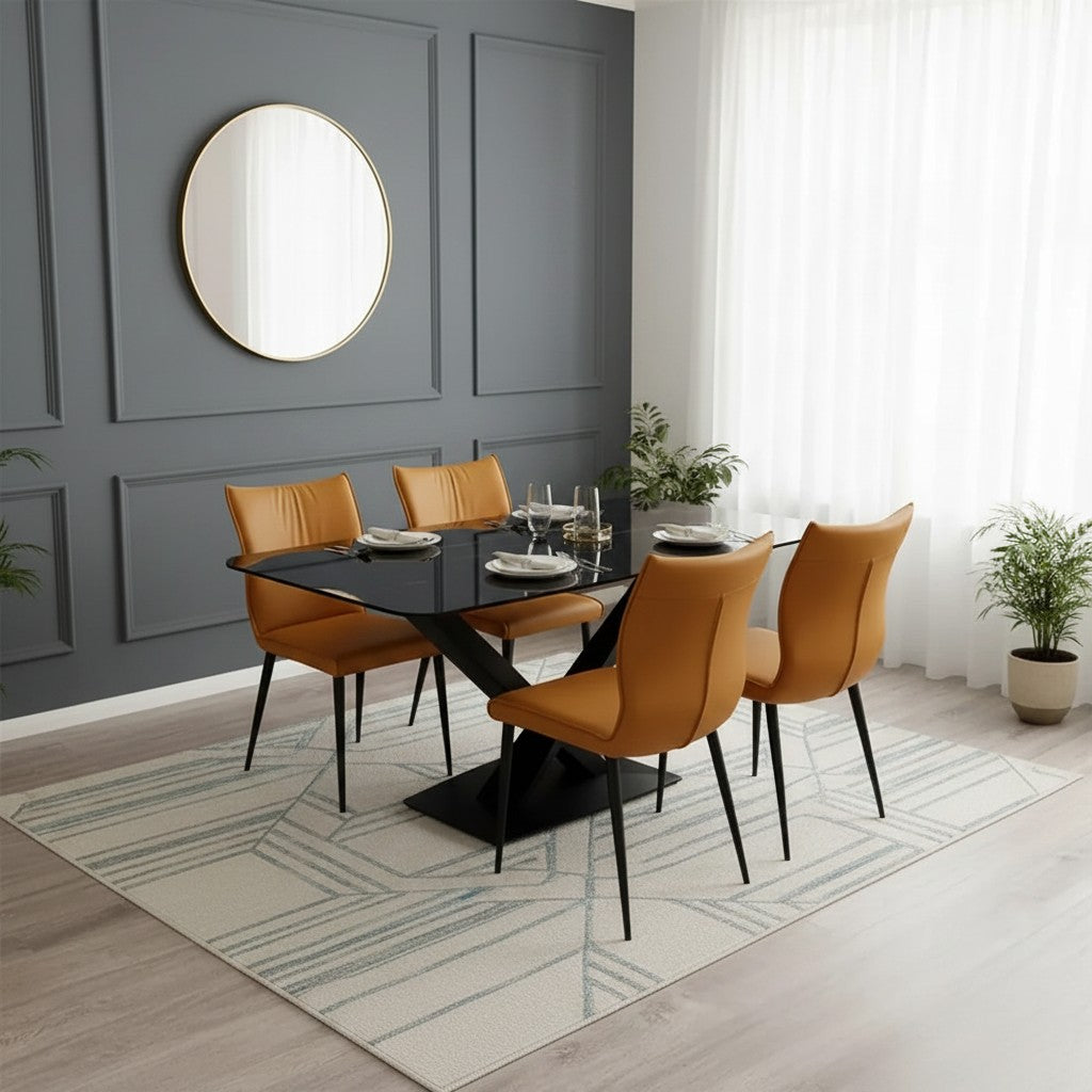 Luxury Arvid 1.6m Black Sintered Stone Dining Set Table With Tan Folke Leather Chairs
